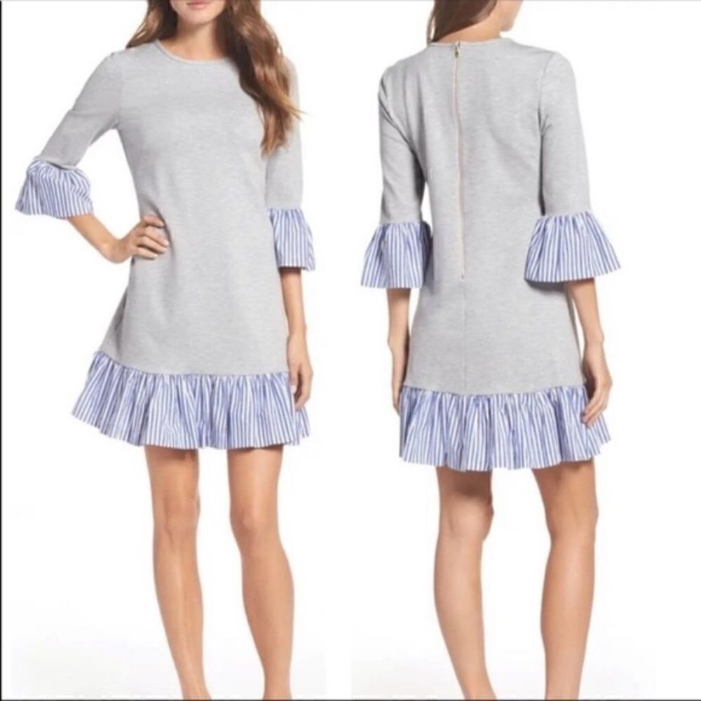 Eliza J Gray Ponte Knit Blue White Ruffle Trim Dress Size 10